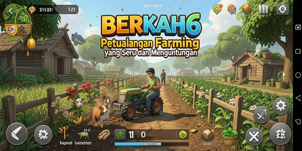 Tampilan gameplay dari BERKAH6 yang menampilkan ladang pertanian yang subur.