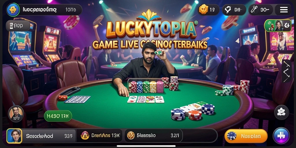 Tampilan gameplay menarik di LUCKYTOPIA dengan dealer langsung dan interaksi yang menyenangkan.
