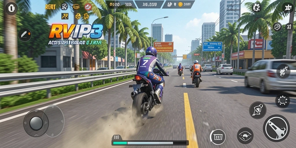 Gameplay RVIP3 yang menegangkan dengan balapan motor yang seru.