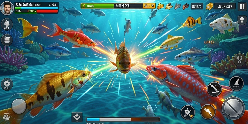 Tangkapan layar gameplay dari WIN33 yang menunjukkan aksi tembak ikan.